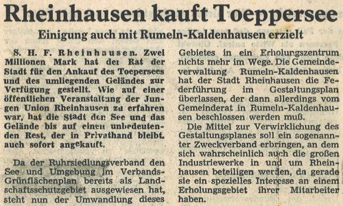 1965 Rheinhausen kauft Toeppersee und stellt 2 Millionen DM für den Ankauf des Sees und des umliegenden Geländes zur Verfügung. Die Brüder Kaletta sanieren ebenfalls und bauen komplett eigenständig einen neuen Bootssteg.